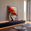 Cavalo branco ao lado de árvore com folhas vermelhas e laranjas em fundo bege texturizado, quadro decorativo