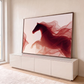 Quadro Decorativo Grande Cavalo em Silhueta para Sala | quadros decorativos para sala | silhueta de cavalo com crina transformada em véus vermelhos translúcidos sobre fundo claro | em Quadros para Sala | Porao dos Quadros
