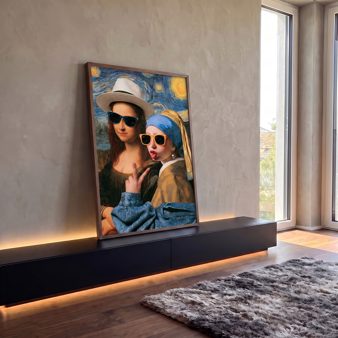 Mona Lisa e Moça do Brinco de Pérola de óculos escuros fazendo selfie na Noite Estrelada, quadro decorativo