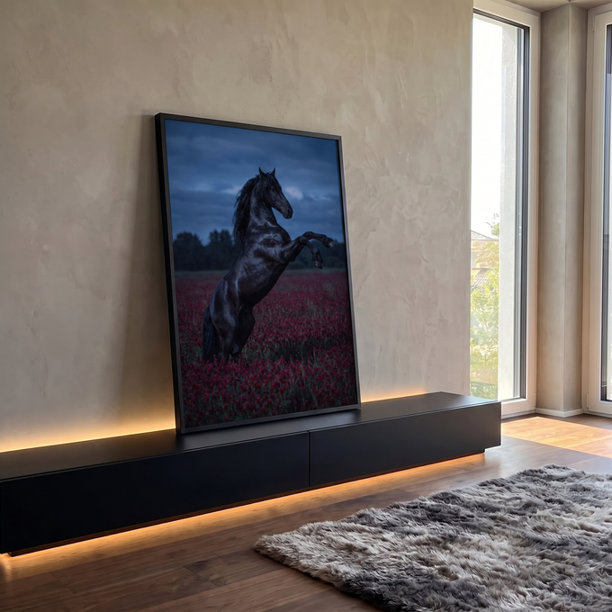 Cavalo preto empinado em campo de flores vermelhas sob céu azul ao anoitecer, quadro decorativo