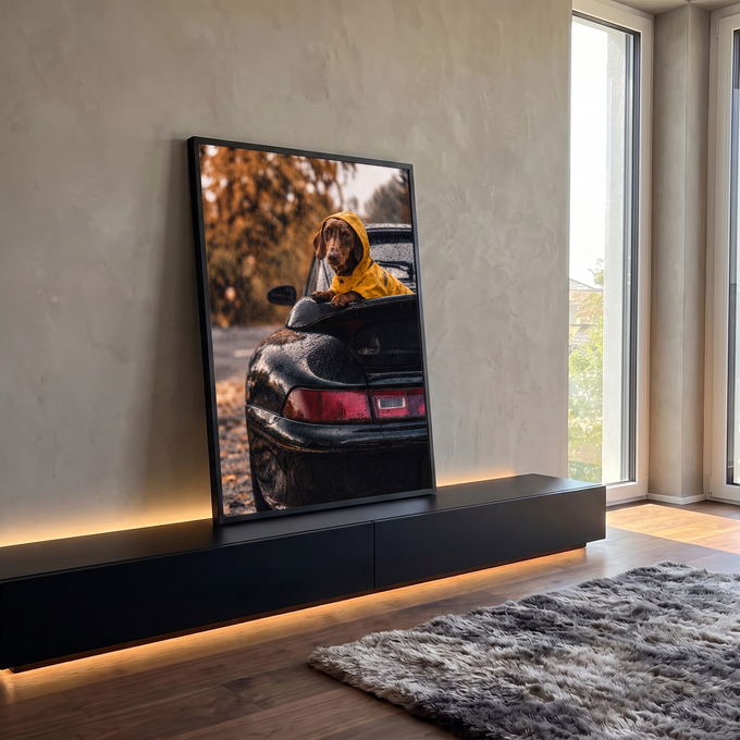 Cachorro salsicha de capa amarela no Porsche preto molhado de chuva, outono ao fundo, quadro decorativo