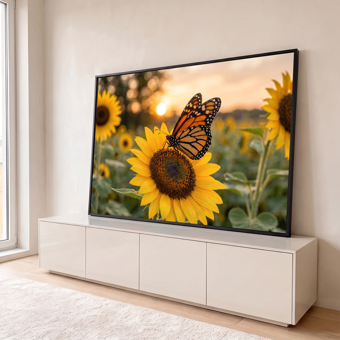 Quadro Decorativo Grande Borboleta Monarca para Sala Amarelo | quadros decorativos para sala | borboleta-monarca pousada em girassol com pôr do sol ao fundo | em Quadros para Sala | Porao dos Quadros