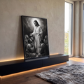 Quadro Decorativo Grande Jesus Abençoando para Sala Preto | quadros decorativos para sala | Jesus com halo de luz abençoando apóstolos ajoelhados em preto e branco | em Quadros para Sala | Porao dos Quadros