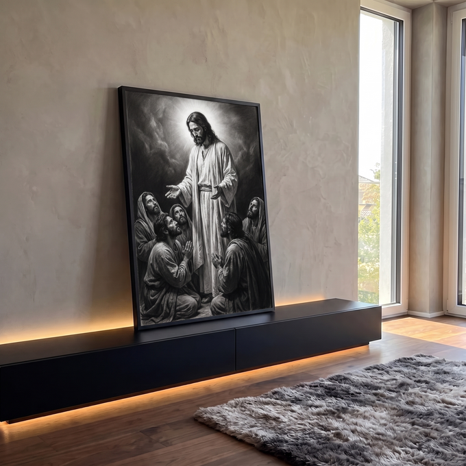 Quadro Decorativo Grande Jesus Abençoando para Sala Preto | quadros decorativos para sala | Jesus com halo de luz abençoando apóstolos ajoelhados em preto e branco | em Quadros para Sala | Porao dos Quadros