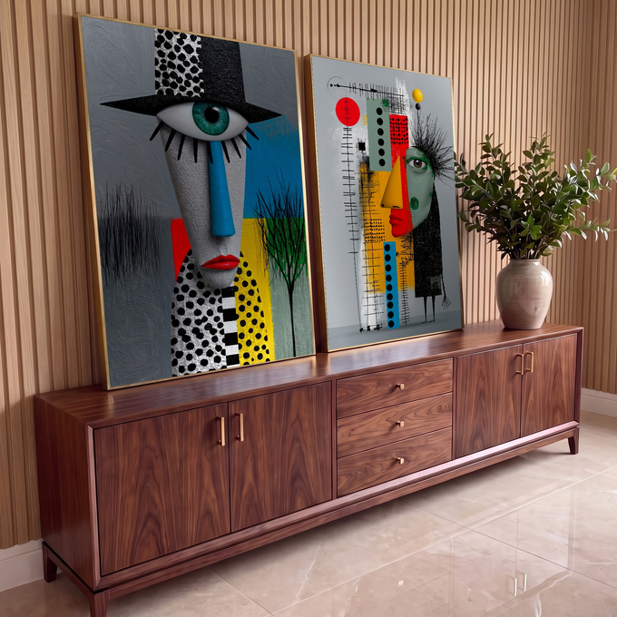 Quadro Decorativo Grande Rostos Cubistas para Sala Preto | quadros decorativos para sala | dois rostos abstratos cubistas com cores vivas e formas geométricas | em Quadros para Sala | Porao dos Quadros
