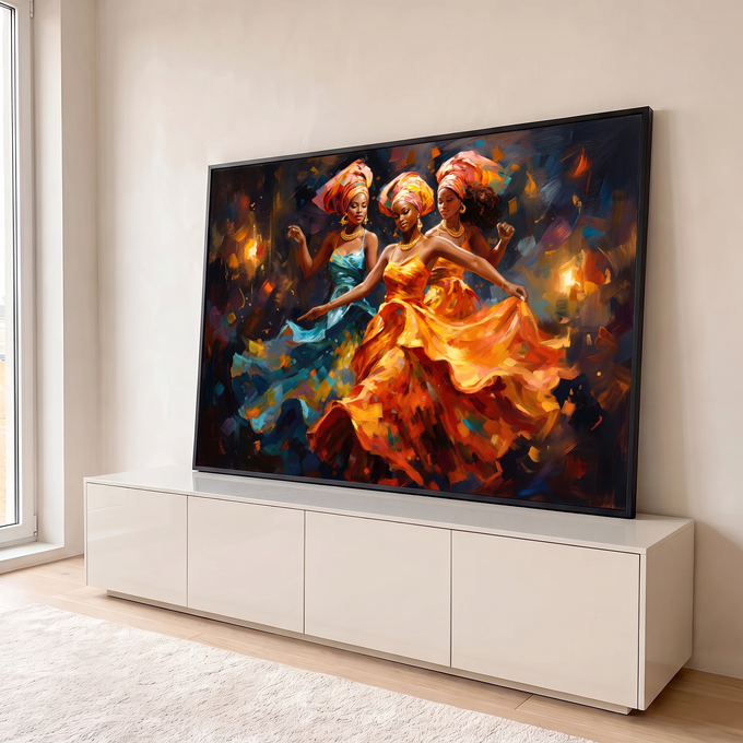 Quadro Decorativo Grande Mulheres Africanas para Sala | quadros decorativos para sala | três mulheres de turbante dançando em vestidos azul e laranja com fundo abstrato colorido | em Quadros para Sala | Porao dos Quadros