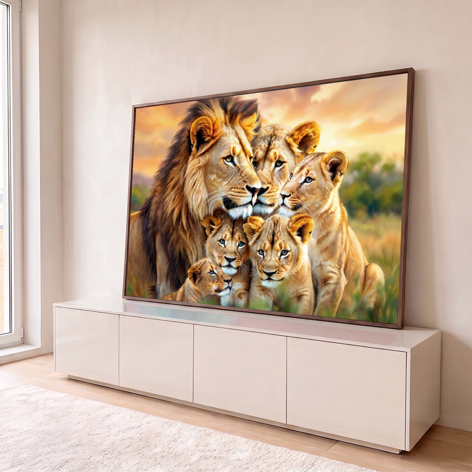 Quadro Decorativo Grande Família Leoa para Sala Dourado | quadros decorativos para sala | família de leões com filhotes em close-up sob céu de pôr do sol dourado | em Quadros para Sala | Porao dos Quadros