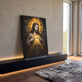 Quadro Decorativo Grande Sagrado Coração Auréola para Sala | quadros decorativos para sala | Jesus Cristo apontando para coração flamejante dourado sobre fundo preto texturizado | em Quadros para Sala | Porao dos Quadros