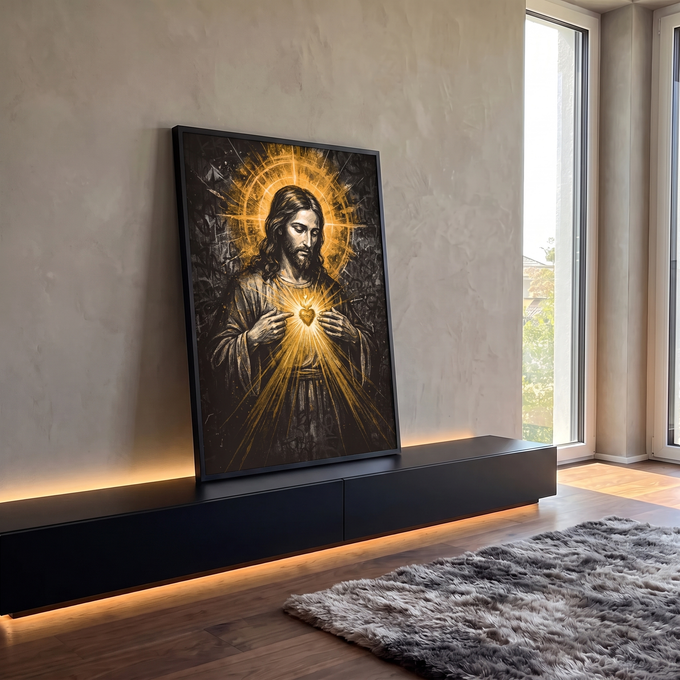 Quadro Decorativo Grande Sagrado Coração Auréola para Sala | quadros decorativos para sala | Jesus Cristo apontando para coração flamejante dourado sobre fundo preto texturizado | em Quadros para Sala | Porao dos Quadros