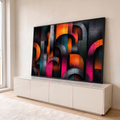 Quadro Decorativo Grande Arcos Geométricos para Sala Laranja | quadros decorativos para sala | arcos geométricos coloridos em laranja, rosa e azul petróleo sobre fundo preto texturizado | em Quadros para Sala | Porao dos Quadros