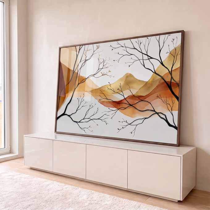 Quadro Decorativo Grande Montanhas Douradas para Sala Marrom | quadros decorativos para sala | paisagem de montanhas em aquarela nos tons terracota com galhos pretos secos sobrepostos | em Quadros para Sala | Porao dos Quadros