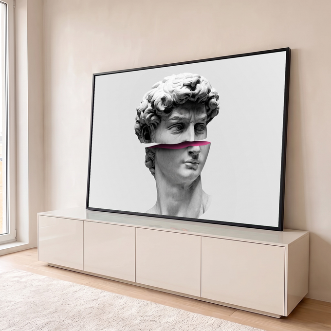 Busto em mármore do David de Michelangelo cortado no rosto com fenda rosa magenta, quadro decorativo