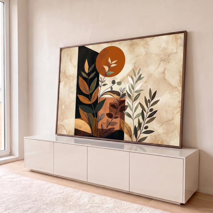 Ilustração boho de folhagens verdes e terracota com sol sobre fundo marmorizado bege, quadro decorativo