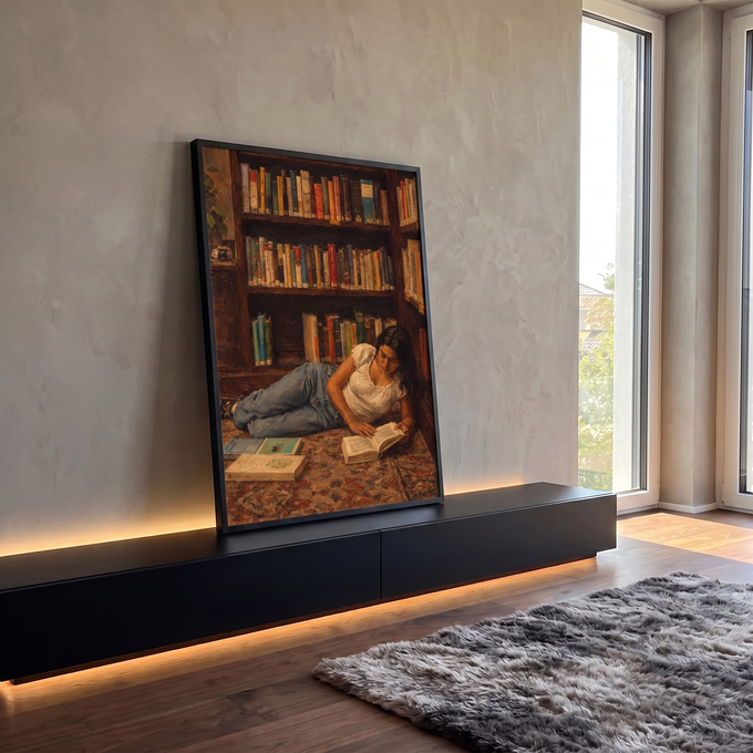 Quadro Decorativo Grande Mulher Lendo Marrom para Sala | quadros decorativos para sala | mulher deitada lendo um livro em frente a uma estante cheia de livros coloridos | em Quadros para Sala | Porao dos Quadros