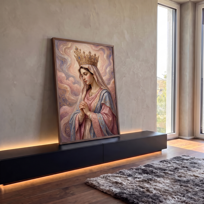 Quadro Decorativo Grande Nossa Senhora para Sala Rosa | quadros decorativos para sala | Nossa Senhora coroada em oração, véu rosa e manto azul sobre fundo pastel ondulado | em Quadros para Sala | Porao dos Quadros