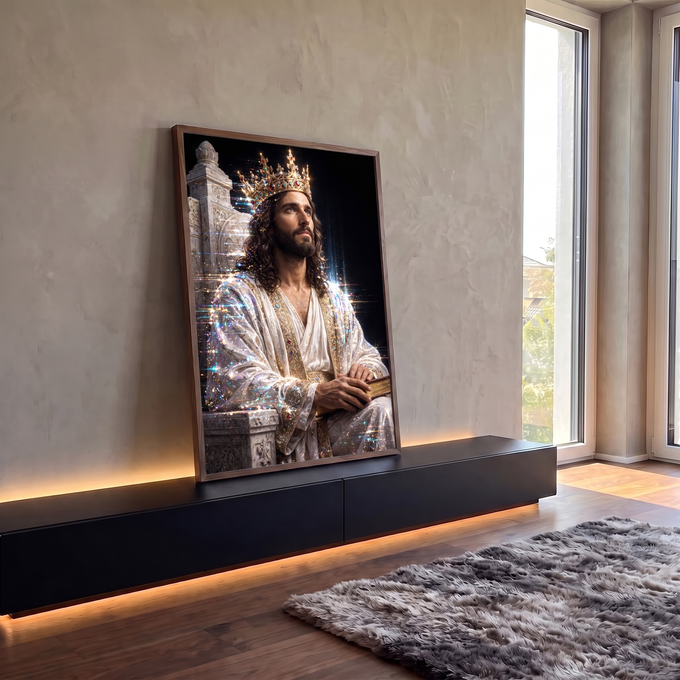 Quadro Decorativo Grande Jesus Rei para Sala Branco | quadros decorativos para sala | homem coroado com manto branco e dourado segurando livro sagrado em trono iluminado | em Quadros para Sala | Porao dos Quadros