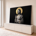 Jesus Cristo abençoando com pergaminho, auréola dourada Alfa e Ômega sobre fundo preto, quadro decorativo