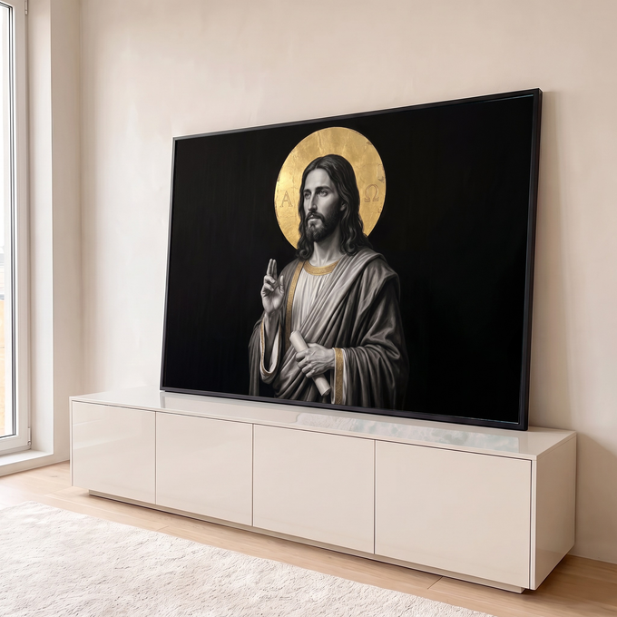 Jesus Cristo abençoando com pergaminho, auréola dourada Alfa e Ômega sobre fundo preto, quadro decorativo