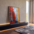 Quadro Decorativo Floresta de Bétulas em Vermelho e Amarelo | quadros decorativos para sala | floresta de bétulas com folhagem vermelha e amarela em textura de espátula | em Quadros para Sala | Porao dos Quadros