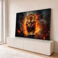 Quadro Decorativo Grande Tigre Rosnando para Sala Laranja | quadros decorativos para sala | tigre rosnando em meio a chamas e fumaça intensa | em Quadros para Sala | Porao dos Quadros