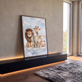 Leão, girafa, elefante e filhote de leopardo em aquarela sentados sobre nuvens azuis, quadro decorativo