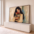 Pintura a óleo de mulher de cabelos cacheados abraçando pilha de livros, fundo bege, quadro decorativo