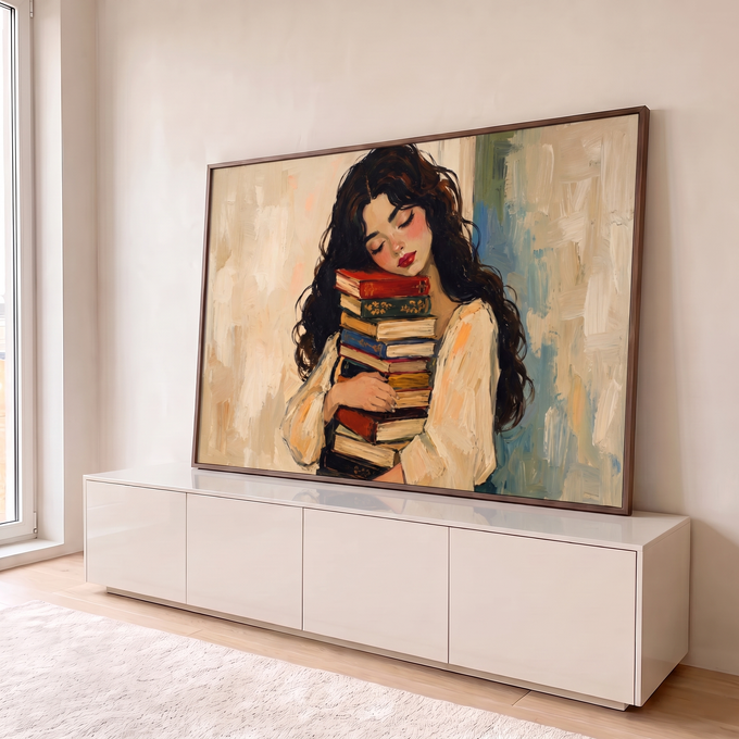 Pintura a óleo de mulher de cabelos cacheados abraçando pilha de livros, fundo bege, quadro decorativo