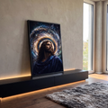 Quadro Decorativo Grande Jesus Cristo Azul para Sala | quadros decorativos para sala | homem com halo dourado e manto azul diante de galáxia estrelada | em Quadros para Sala | Porao dos Quadros