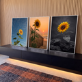 Quadro Decorativo Kit 3 Telas Girassol para Sala Amarelo | quadros decorativos para sala | girassol amarelo retratado em três cenários, céu azul, praia ao pôr do sol e pedras em preto e branco | em Quadros para Sala | Porao dos Quadros