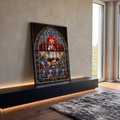 Quadro Decorativo Grande Vitral Santa para Sala Vermelho | quadros decorativos para sala | vitral gótico da Última Ceia com Jesus e doze apóstolos em cores vibrantes | em Quadros para Sala | Porao dos Quadros