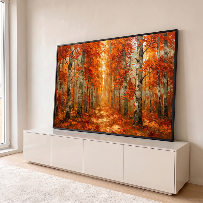 Quadro Decorativo Grande Floresta de Bétulas para Sala | quadros decorativos para sala | floresta de bétulas com folhagem laranja e vermelha outonal em trilha iluminada | em Quadros para Sala | Porao dos Quadros