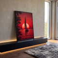 Quadro Decorativo Veleiro ao Pôr do Sol Vermelho | quadros decorativos para sala | veleiro em silhueta diante de um sol vermelho gigante no horizonte do mar | em Quadros para Sala | Porao dos Quadros