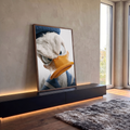 Quadro Decorativo Grande Pato com Boina para Quarto Branco | quadros decorativos para sala | pato branco em renderização 3D com olhos azuis grandes, bico laranja e gorro de tricô azul | em Quadros para Quarto | Porao dos Quadros