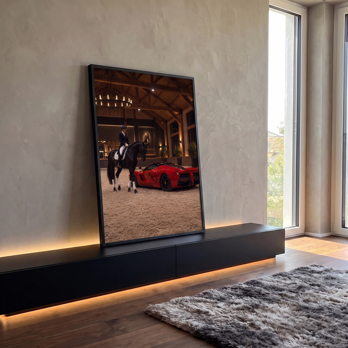Quadro Decorativo Grande Cavaleira e Carro para Sala Preto | quadros decorativos para sala | cavaleira em traje preto montada em cavalo negro ao lado de carro esportivo vermelho em arena coberta | em Quadros para Sala | Porao dos Quadros
