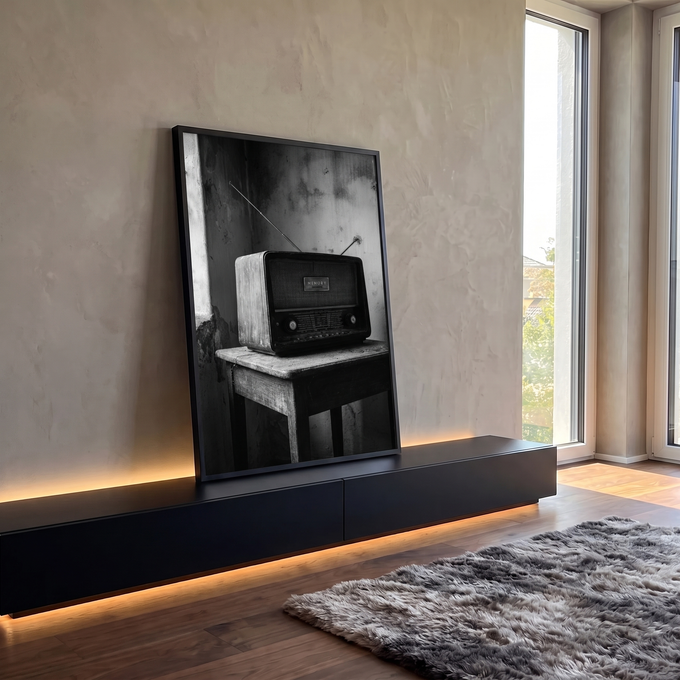 Rádio antigo com antenas sobre banco de madeira em parede desgastada, foto preto e branco, quadro decorativo