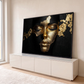 Rosto de mulher de olhos fechados coberto por folhas de ouro sobre fundo preto texturizado, quadro decorativo