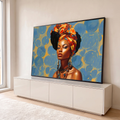 Quadro Decorativo Grande Mulher Africana para Sala Azul | quadros decorativos para sala | retrato de mulher negra com turbante estampado laranja e amarelo sobre fundo azul | em Quadros para Sala | Porao dos Quadros