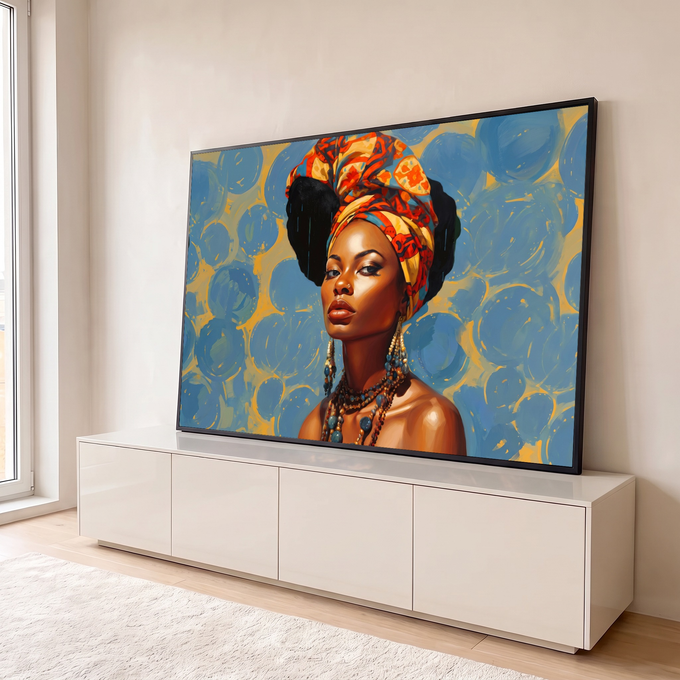 Quadro Decorativo Grande Mulher Africana para Sala Azul | quadros decorativos para sala | retrato de mulher negra com turbante estampado laranja e amarelo sobre fundo azul | em Quadros para Sala | Porao dos Quadros