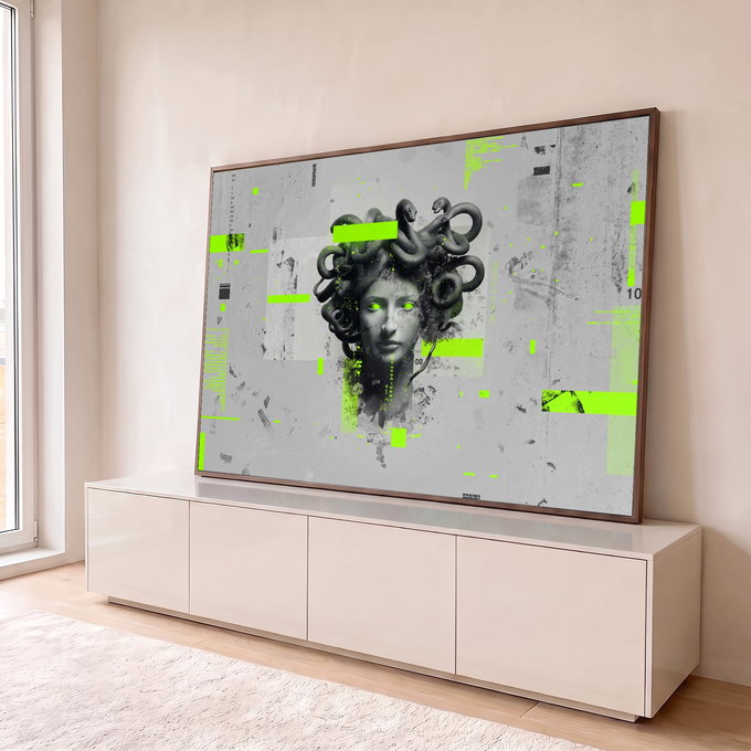 Quadro Decorativo Grande Medusa com Olhos para Sala Cinza | quadros decorativos para sala | cabeça de Medusa em cinza com cabelos de cobras e olhos verde neon brilhantes | em Quadros para Sala | Porao dos Quadros