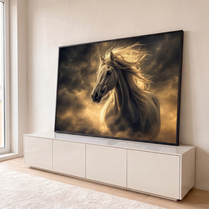 Cavalo branco de crina esvoaçante entre nuvens escuras e luz dourada, quadro decorativo