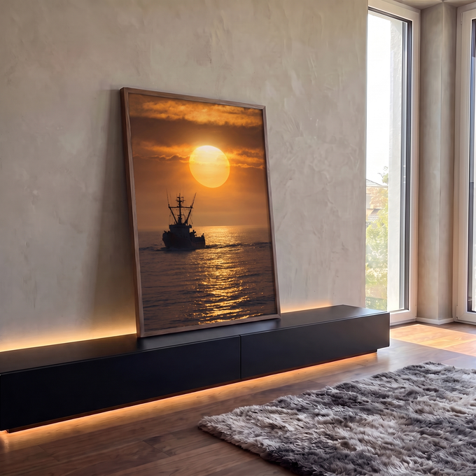 Barco pesqueiro em silhueta navegando sob sol gigante no mar dourado ao entardecer, quadro decorativo