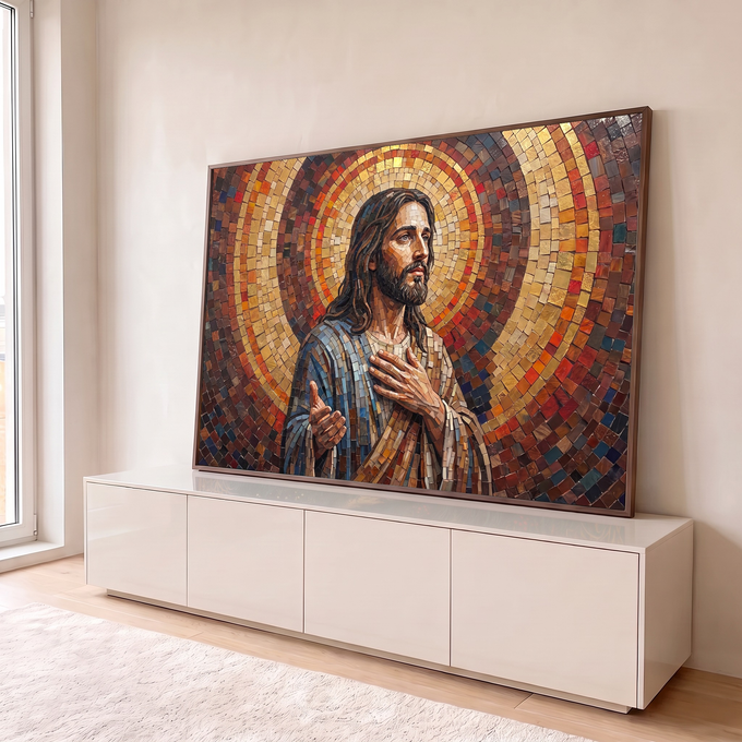 Jesus Cristo em mosaico de pastilhas, mão no peito, círculos dourados e terracota ao fundo, quadro decorativo