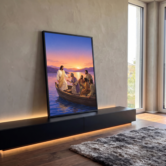 Quadro Decorativo Grande Jesus Caminhando para Sala Laranja | quadros decorativos para sala | Jesus em pé num barco com discípulos ao pôr do sol sobre um lago | em Quadros para Sala | Porao dos Quadros