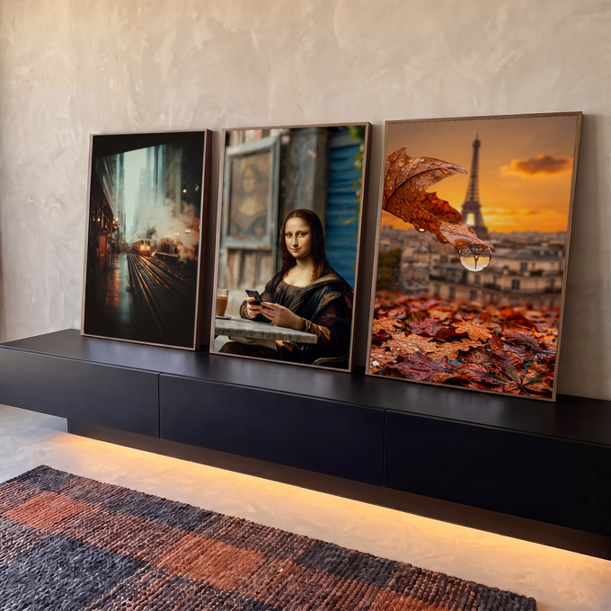 Quadro Decorativo Kit 3 Telas Mona Lisa Marrom para Sala | quadros decorativos para sala | trio urbano com Mona Lisa moderna, trem na chuva e folha refletindo a Torre Eiffel | em Quadros para Sala | Porao dos Quadros