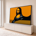 Mona Lisa em ilustração vetorial preta sobre fundo laranja com listras horizontais, quadro decorativo