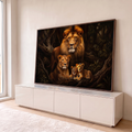Quadro Decorativo Grande Família de Leões Leoa para Sala | quadros decorativos para sala | família de leões com leão, leoa e dois filhotes em floresta escura | em Quadros para Sala | Porao dos Quadros