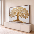 Árvore da vida dourada em relevo com raízes e folhas sobre fundo branco texturizado, quadro decorativo