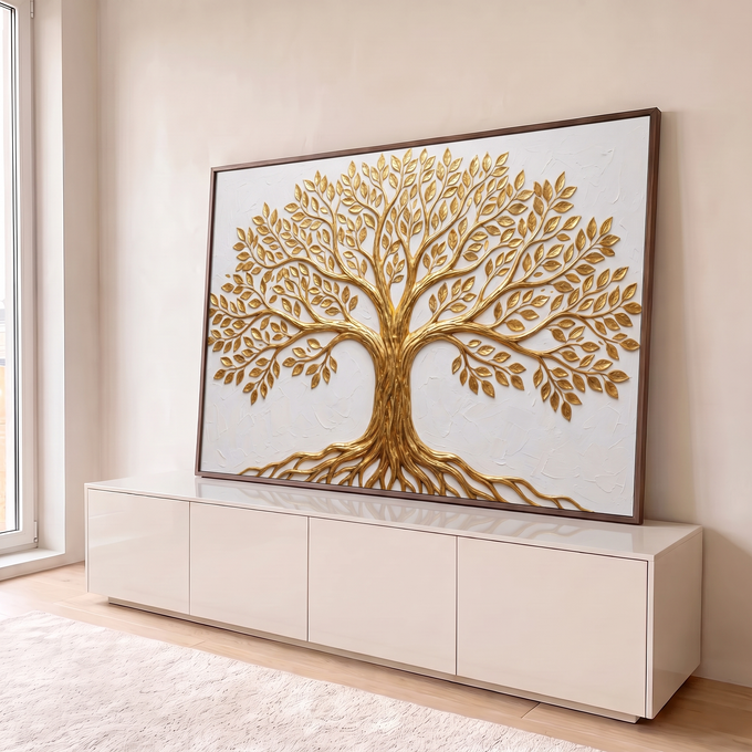 Árvore da vida dourada em relevo com raízes e folhas sobre fundo branco texturizado, quadro decorativo