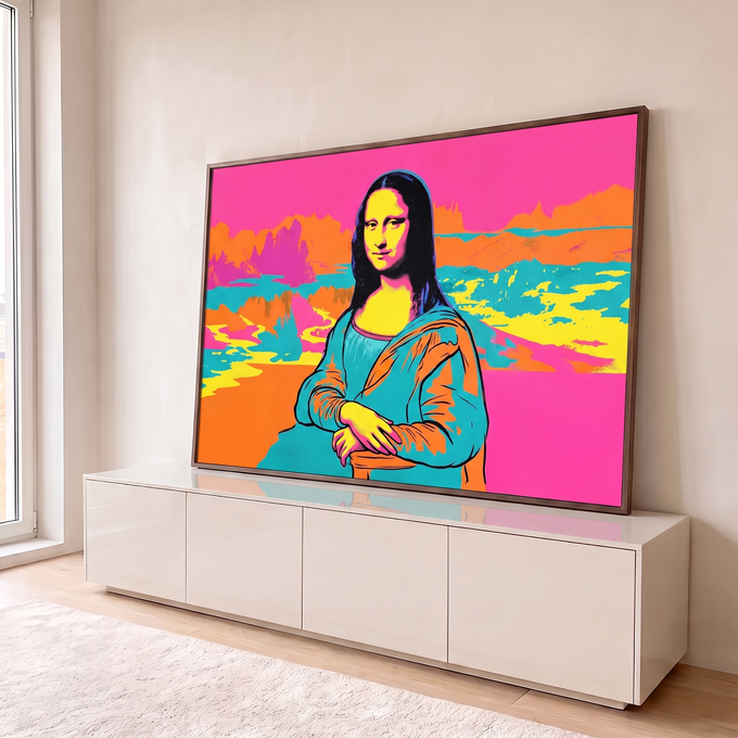 Mona Lisa em pop art com cores neon rosa, laranja, turquesa e amarelo sobre paisagem, quadro decorativo