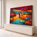 Quadro Decorativo Grande Vila Toscana para Sala Laranja | quadros decorativos para sala | vila toscana estilizada com telhados azuis sobre colinas coloridas em laranja e vermelho | em Quadros para Sala | Porao dos Quadros
